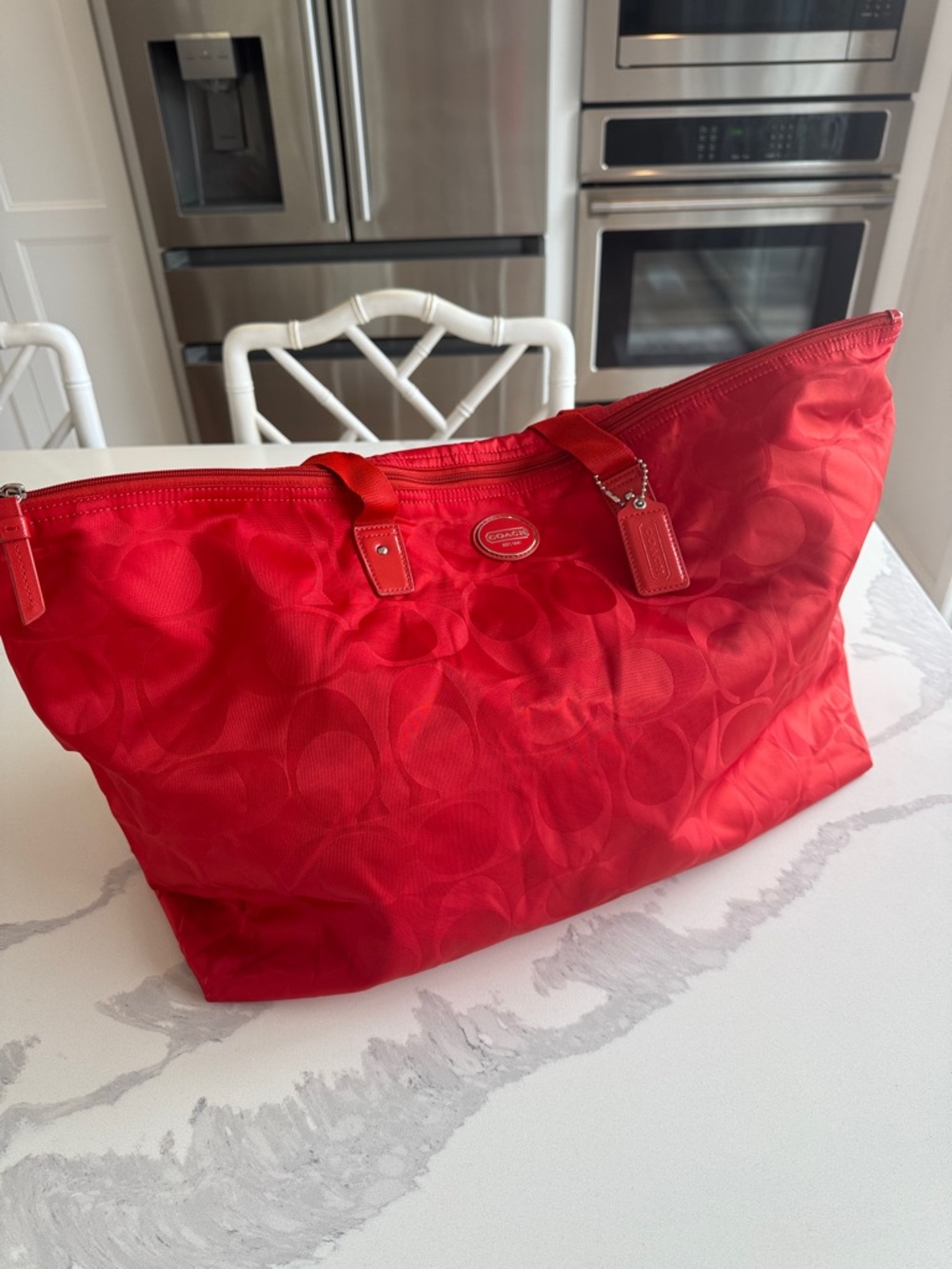 COACH Packable Weekender Tote red/orange overnight 77321 Signature Nylon C bag - Picture 4 of 11